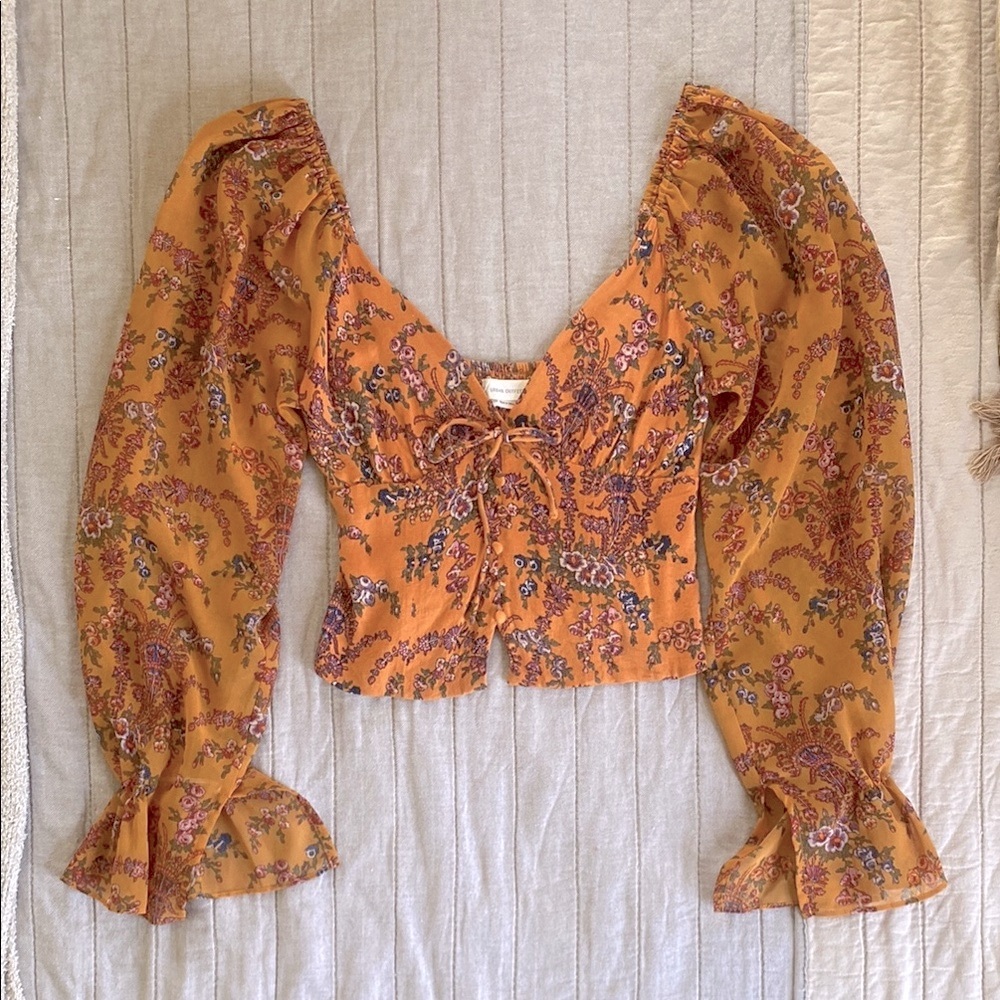 Urban Outfitters - Orange Floral Blouse Top w/ Long Sleeves, Size XS